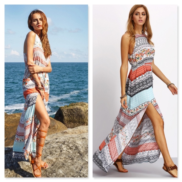 Multicolor Vintage Boho Print Slit Maxi Dress - Picture 4 of 8